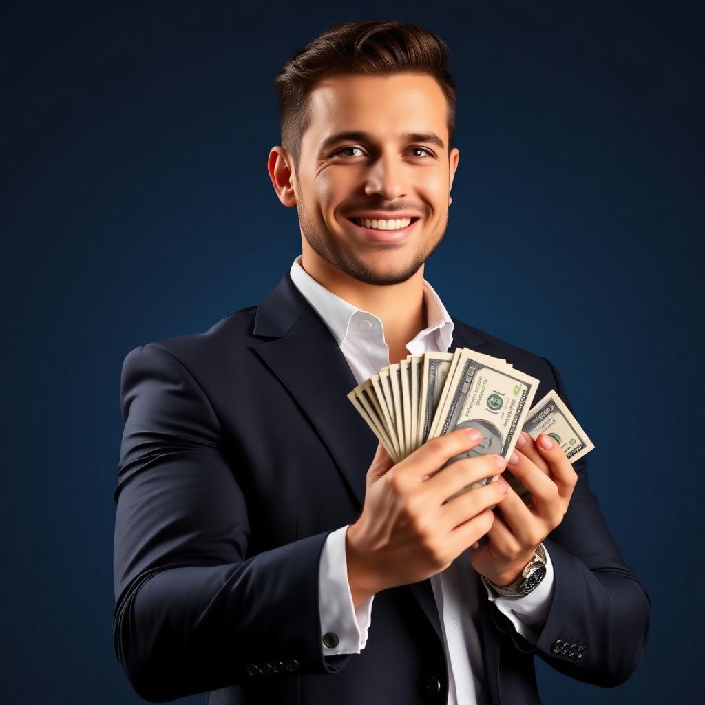 Successful affiliate marketer in a navy suit with a Rolex, holding cash